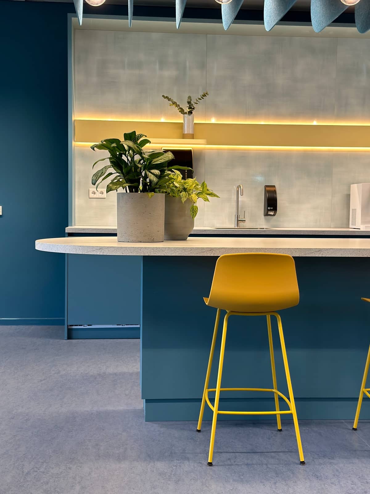 Cygnific Amsterdam: petrolblauwe pantry met gele kruk en planten